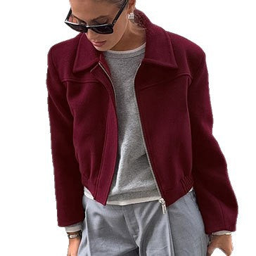 Women's Cropped Fleece Jacket with Stand-Up Collar and Zipper