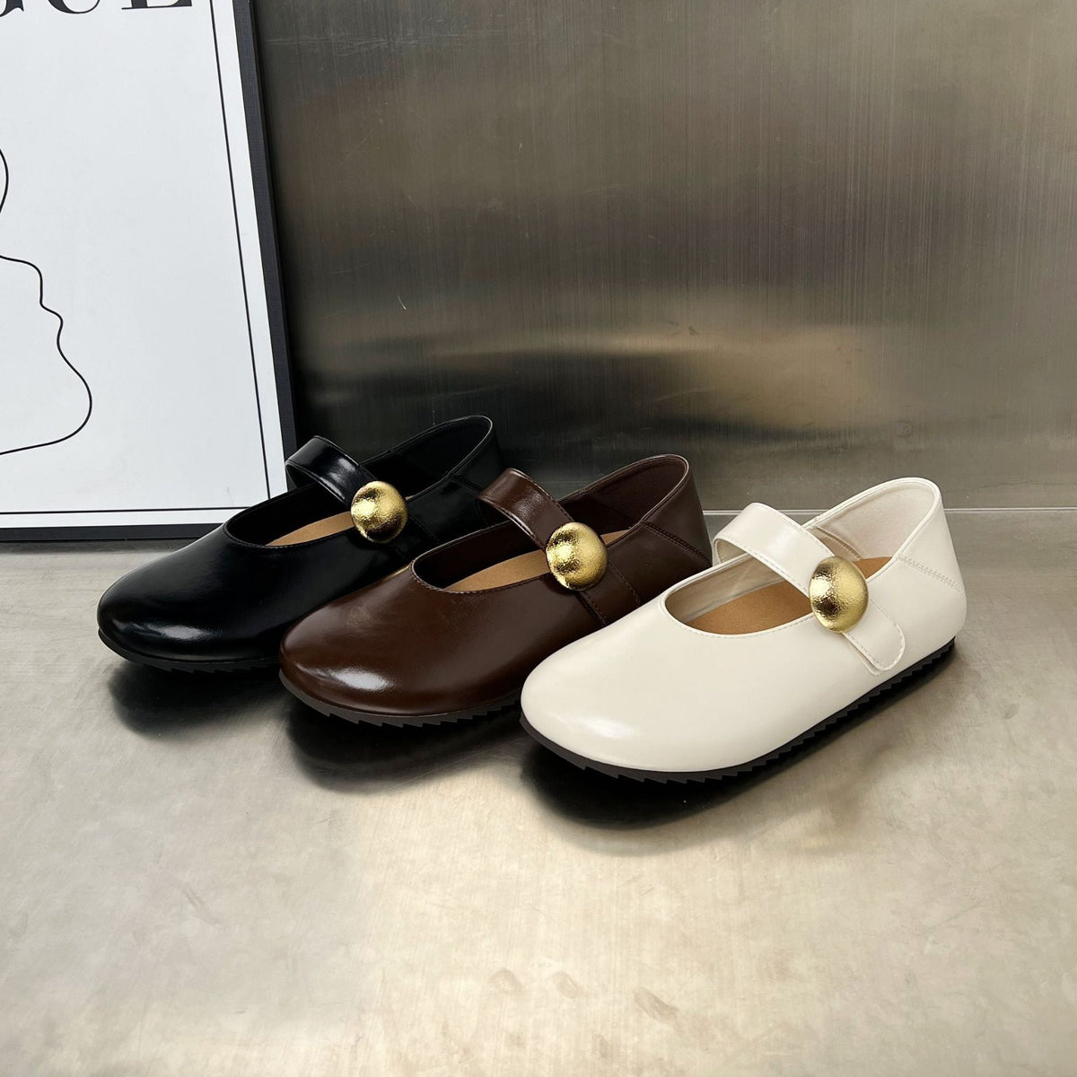 Women's Ballet Flats with Elegant Strap and Gold Buckle
