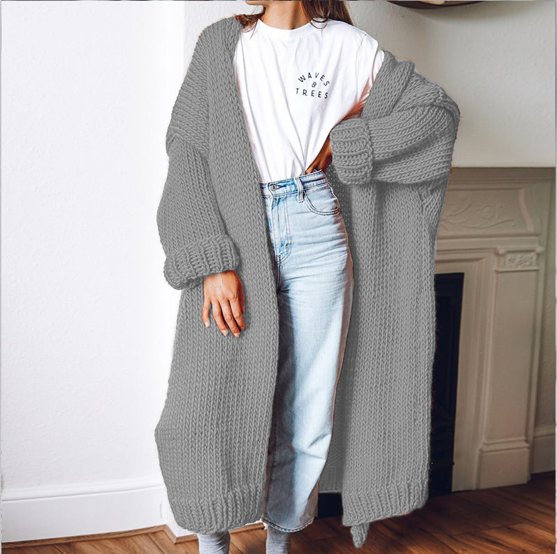 Women's Chunky Knit Coat with Voluminous Sleeves and Relaxed Fit