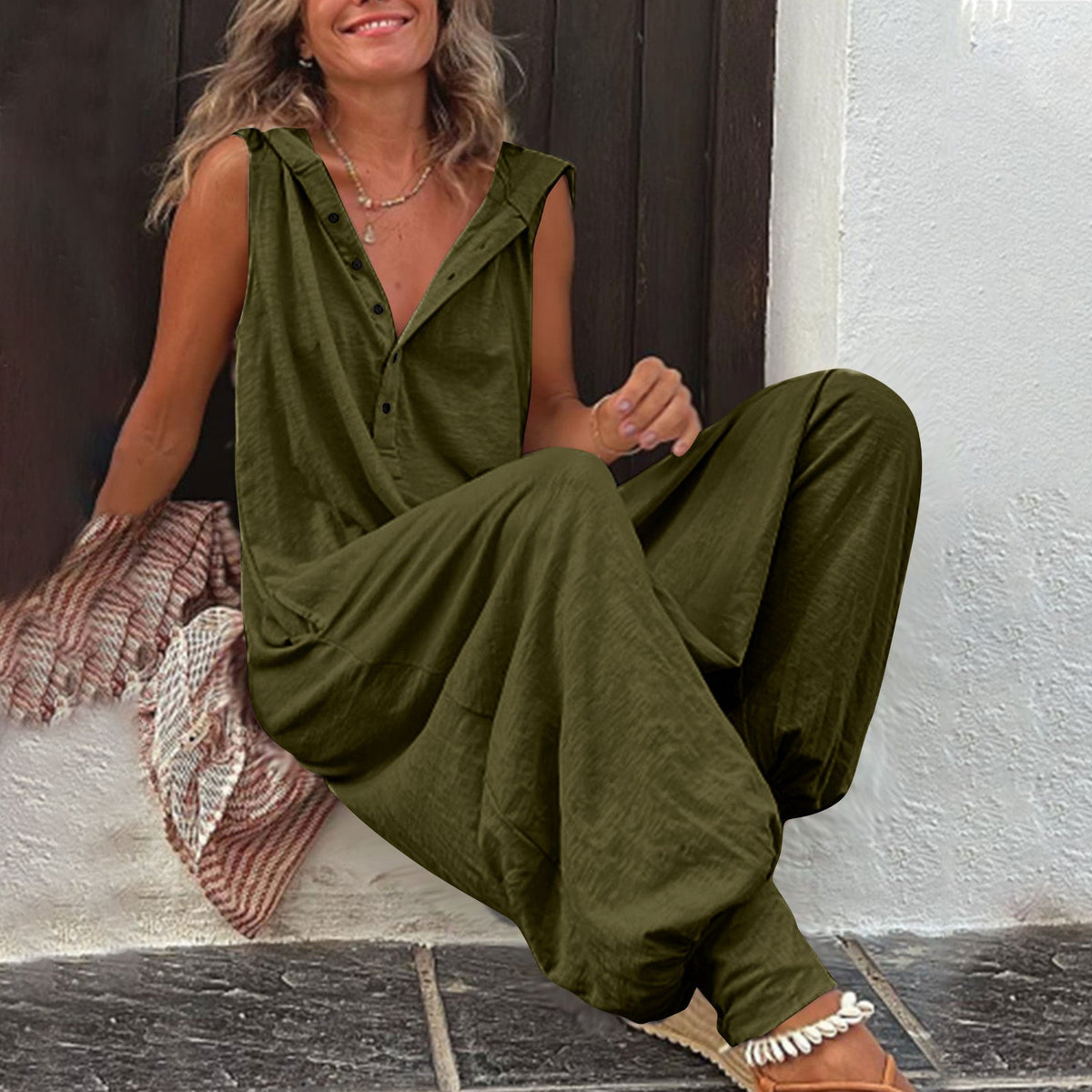 Women's Casual Jumpsuit with Hood and Button Details