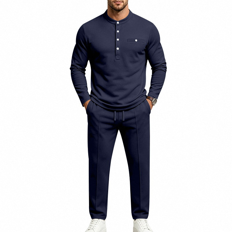 Men's Two-Piece Leisure Set with Henley Long Sleeve Shirt and Jogging Pants