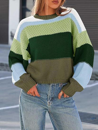 Women's Chunky Knit Sweater with Color Block Design and Oversized Fit