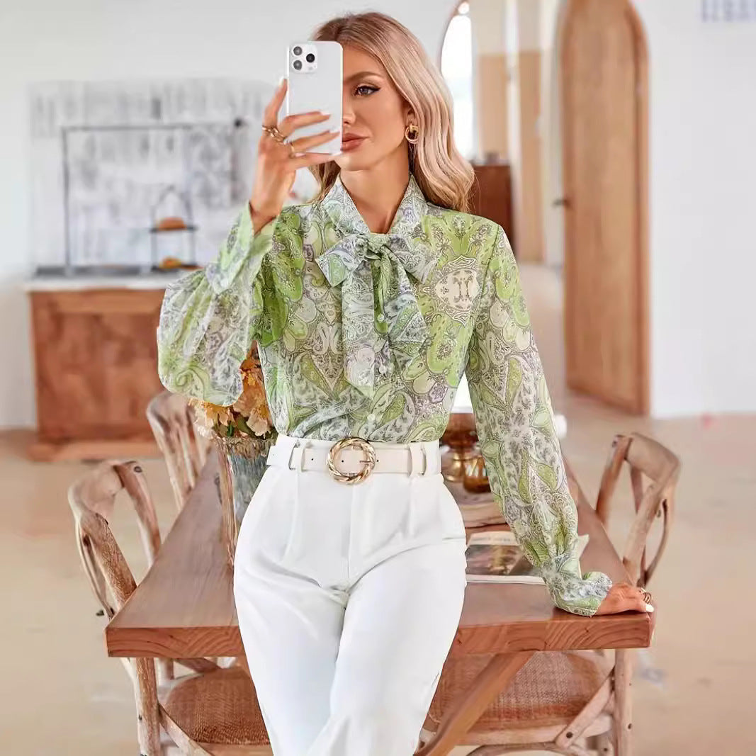 Women's Blouse with Tie Neck and Floral Pattern