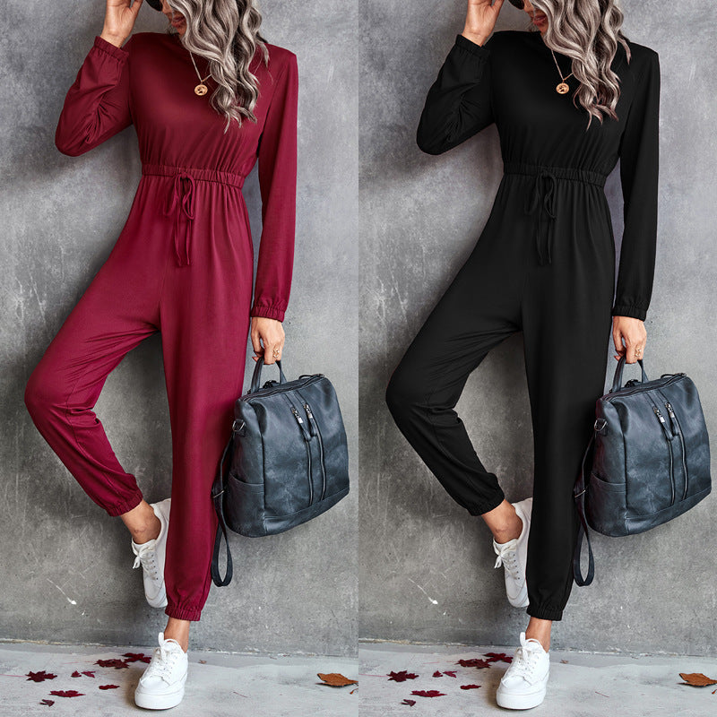 Casual Jumpsuit with Elastic Waist and Long Sleeves