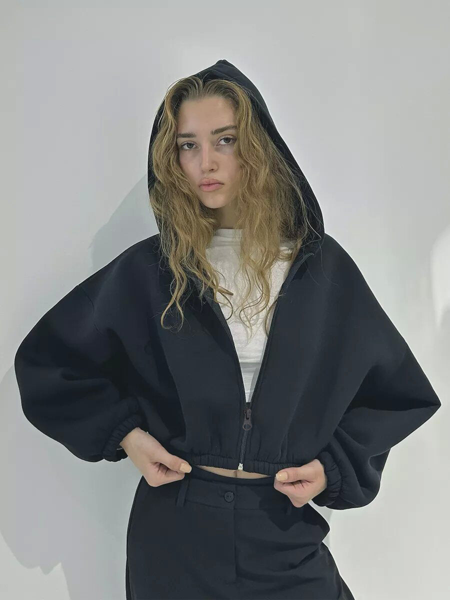 Women's Cropped Hoodie with Oversized Sleeves