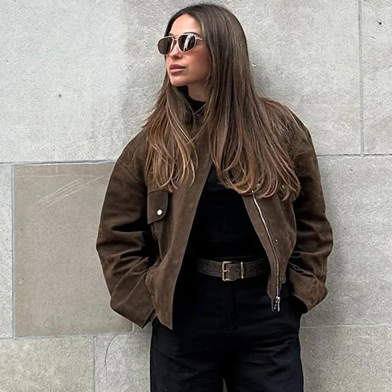 Elegant Faux Leather Jacket with Modern Stand-Up Collar