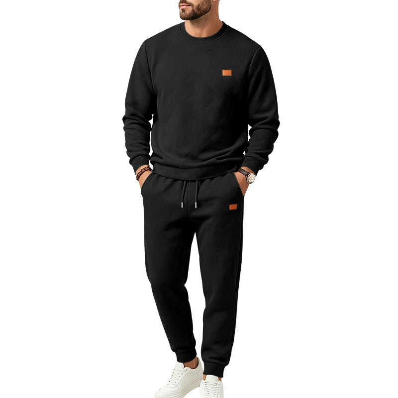 Men's leisure jogging suit made of textured fleece with round neckline and drawstring waistband