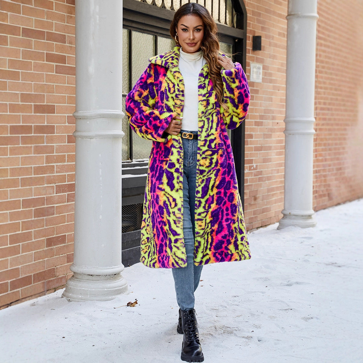 Women's Fluffy Faux Fur Coat in Bold Animal Print Mix