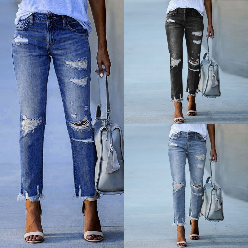 Women's Distressed Jeans with Frayed Hems