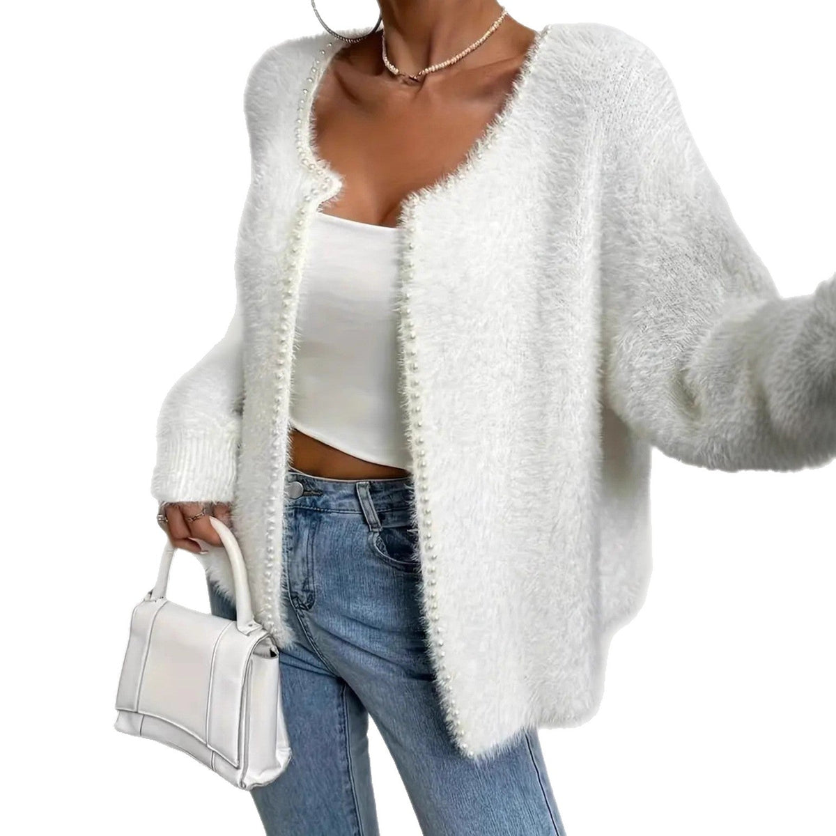 Women's Fluffy Cardigan with Pearl Detail