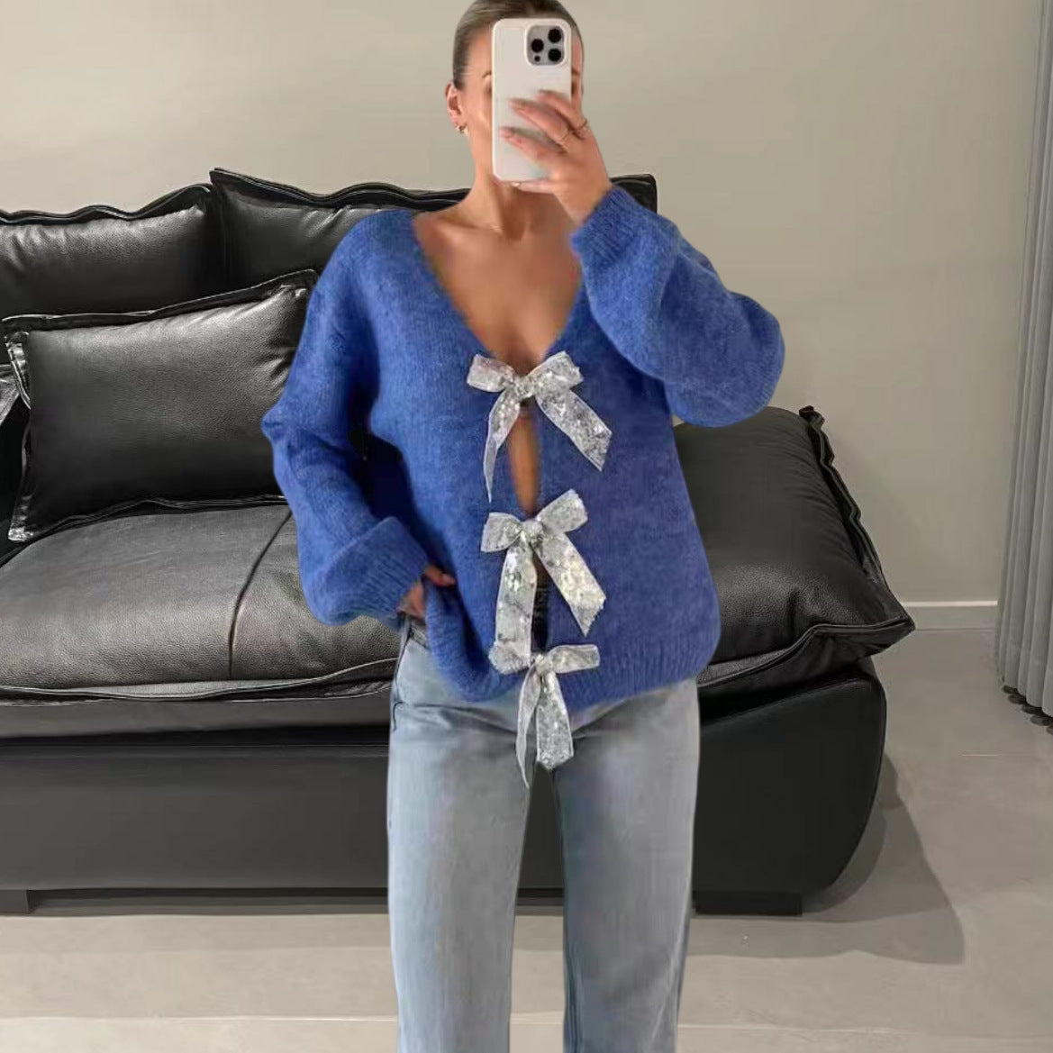 Women's Elegant Cardigan with Glittering Band Detail