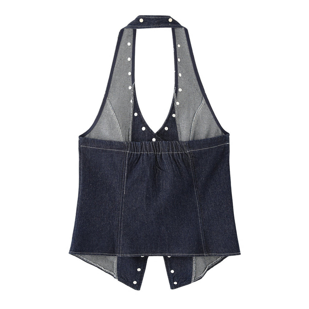 Women's Elegant Denim Vest with Decorative Snap Buttons