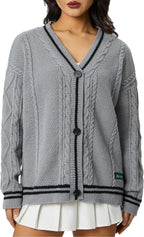 Women's Chunky Knit Cardigan with Decorative Stars and Contrast Trim