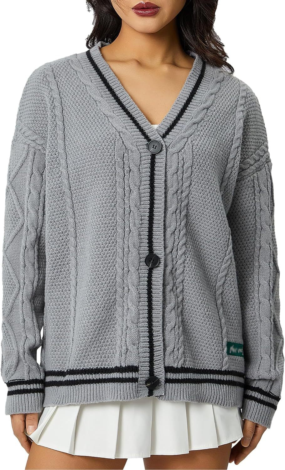 Women's Chunky Knit Cardigan with Decorative Stars and Contrast Trim