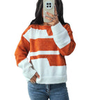 Women's Chunky Knit Sweater with Striped Pattern and Wide Cut