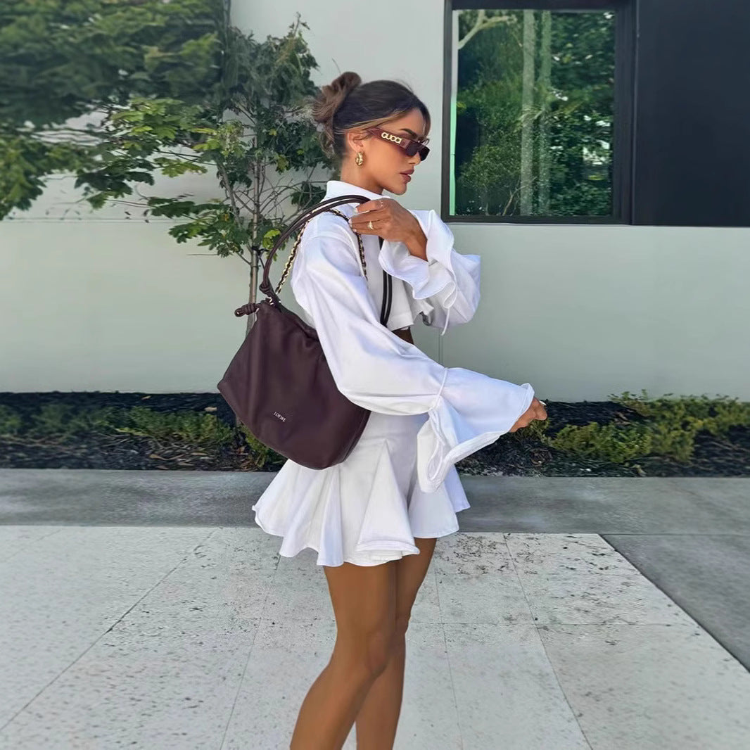 Women's Short-Sleeved Flowing Set with Cropped Blouse and Skirt