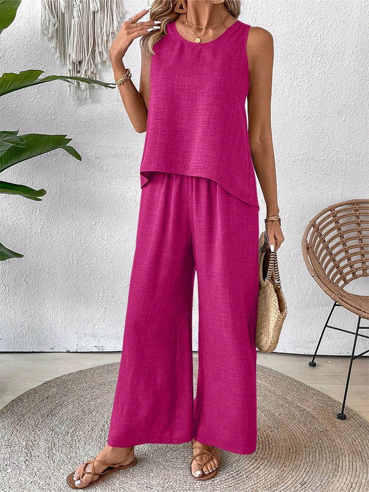 Women's Fashionable Two-Piece Set with Wide-Leg Pants and Sleeveless Top