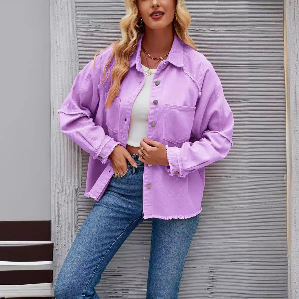 Women's Denim Jacket with Relaxed Fit and Frayed Details