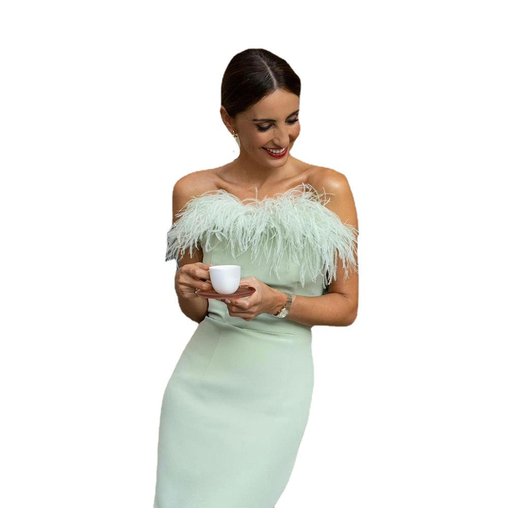Evening Dress with Feather-Trimmed Bodice
