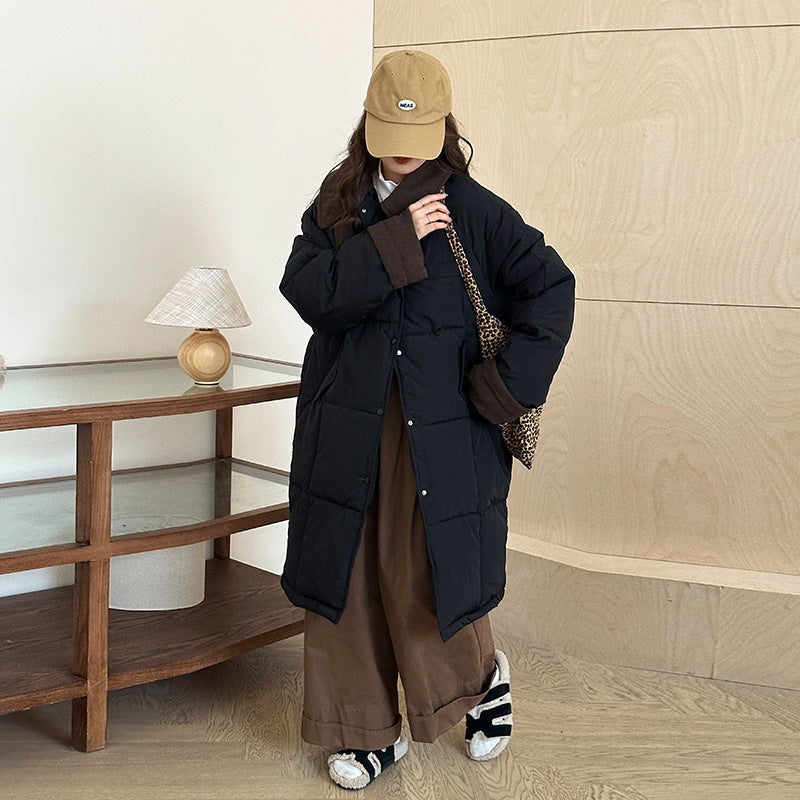 Women's Long Padded Winter Coat with Snap Button Closure