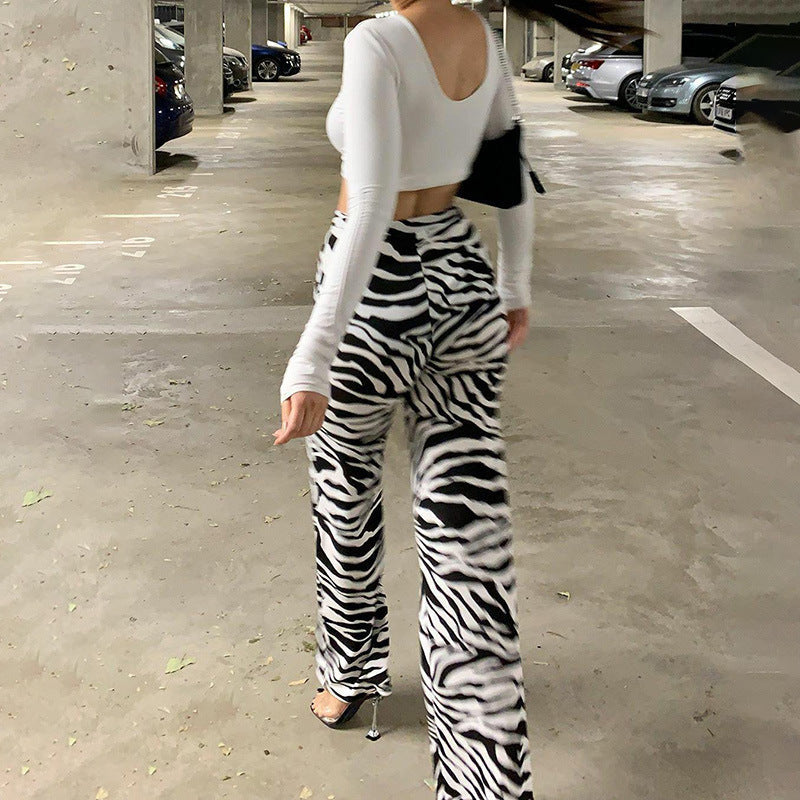 Women's Elegant Zebra-Print High-Waist Trousers