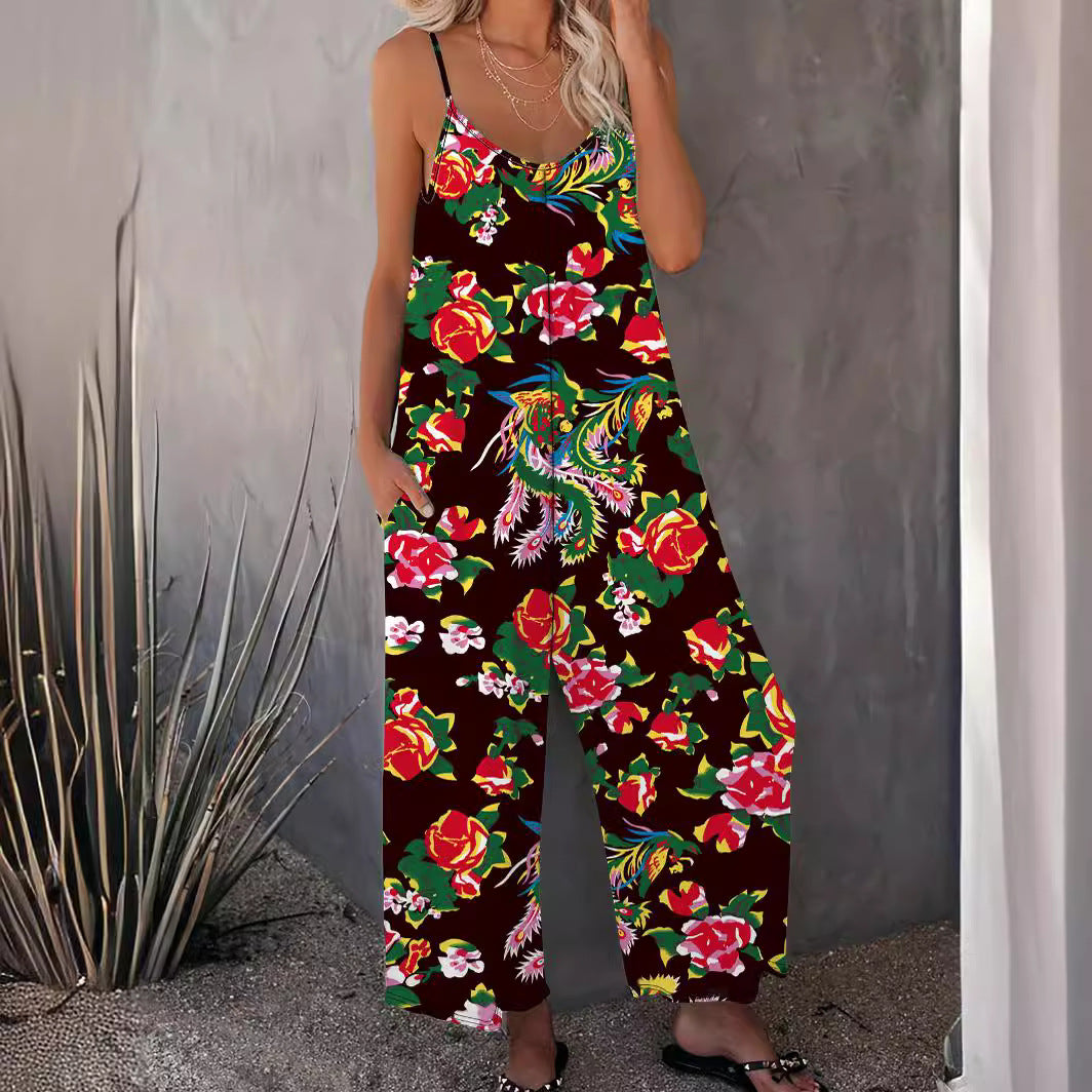 Women's Airy Jumpsuit with Floral Design and Adjustable Straps