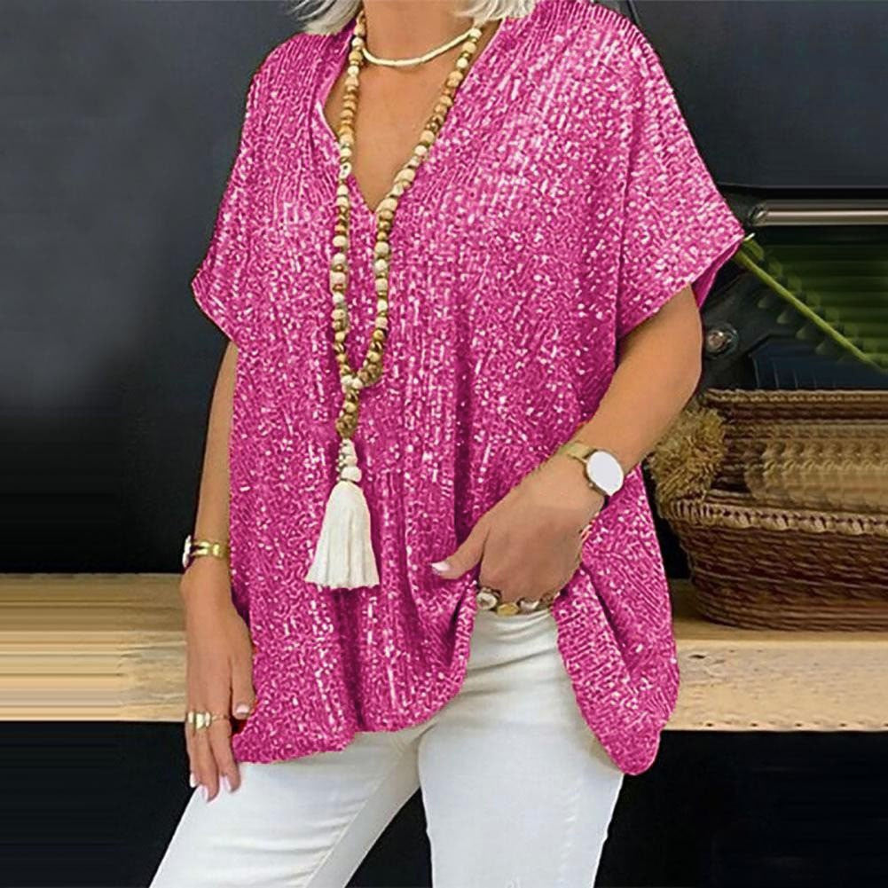 Women's Glamorous Sequin Tunic Shirt with V-Neck