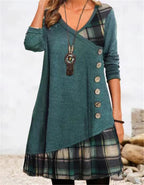 Women's Asymmetrical Casual Dress with Plaid Hem and Button Detail