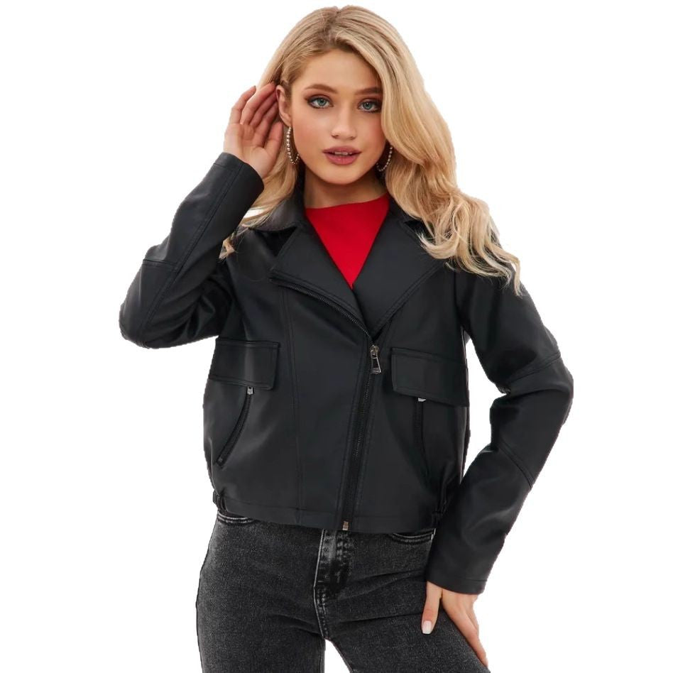 Women's Cropped Faux Leather Jacket with Practical Pockets