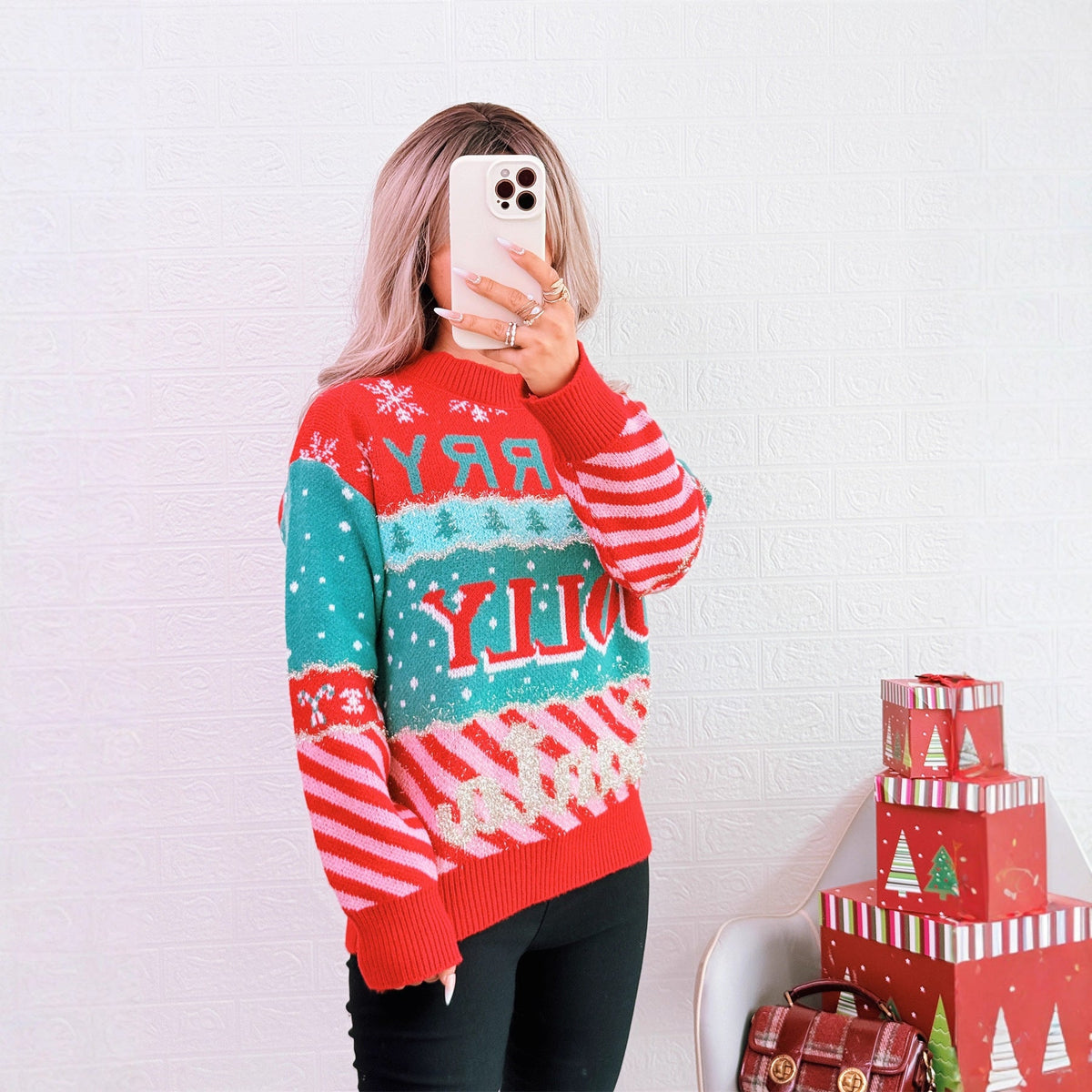 Women's Festive Knit Sweater with Creative Holiday Design