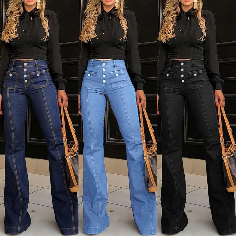 Women's Flared Jeans with High Waist and Button Details