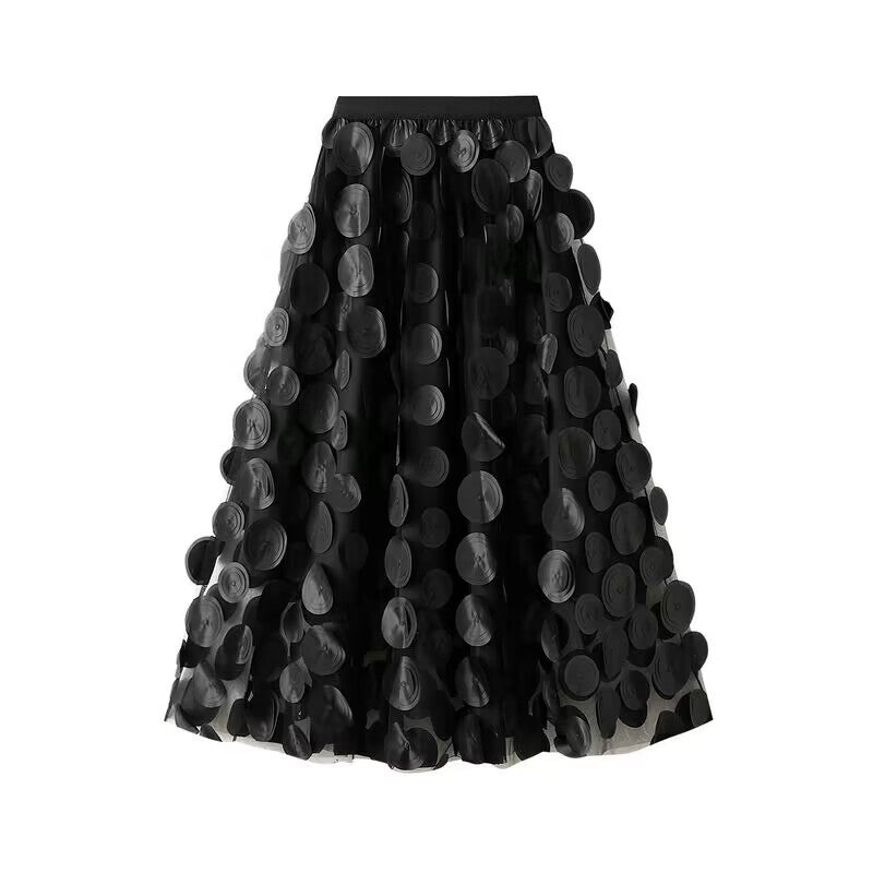 Flared Midi Skirt with Transparent 3D Appliqués and Elastic Waistband