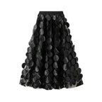 Flared Midi Skirt with Transparent 3D Appliqués and Elastic Waistband