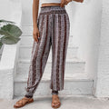 Women's Bohemian Style Casual Pants with Elastic Waist and Floral Pattern