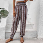 Women's Bohemian Style Casual Pants with Elastic Waist and Floral Pattern