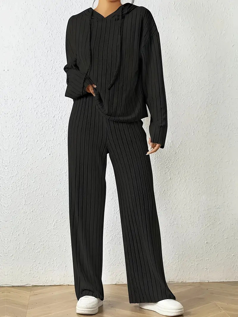 Women's Casual Knit Set with Soft Hoodie and Wide-Leg Pants