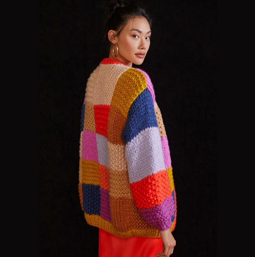 Women's Chunky Knit Cardigan with Colorful Patchwork Design