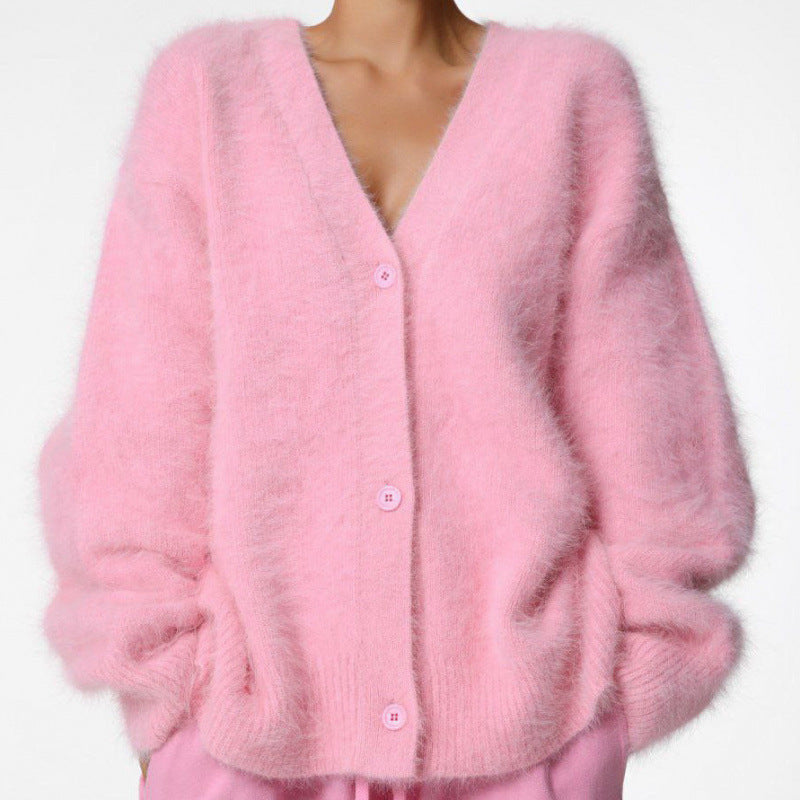 Women's Fluffy Cardigan with V-Neck and Oversized Cut