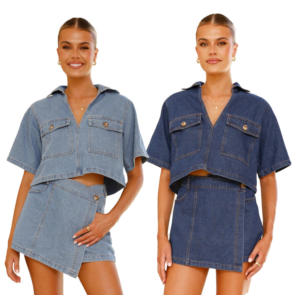 Denim Short-Sleeve Top and Wrap Skirt Set