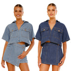Denim Short-Sleeve Top and Wrap Skirt Set