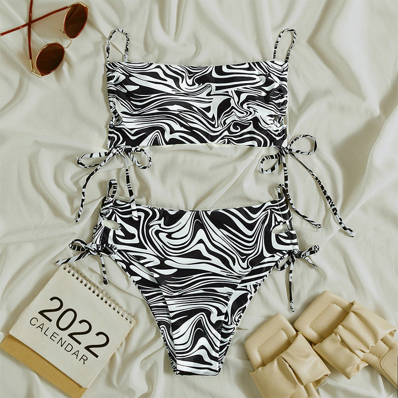 Women's Swimsuit Set with Adjustable Ties and Modern Marble Pattern