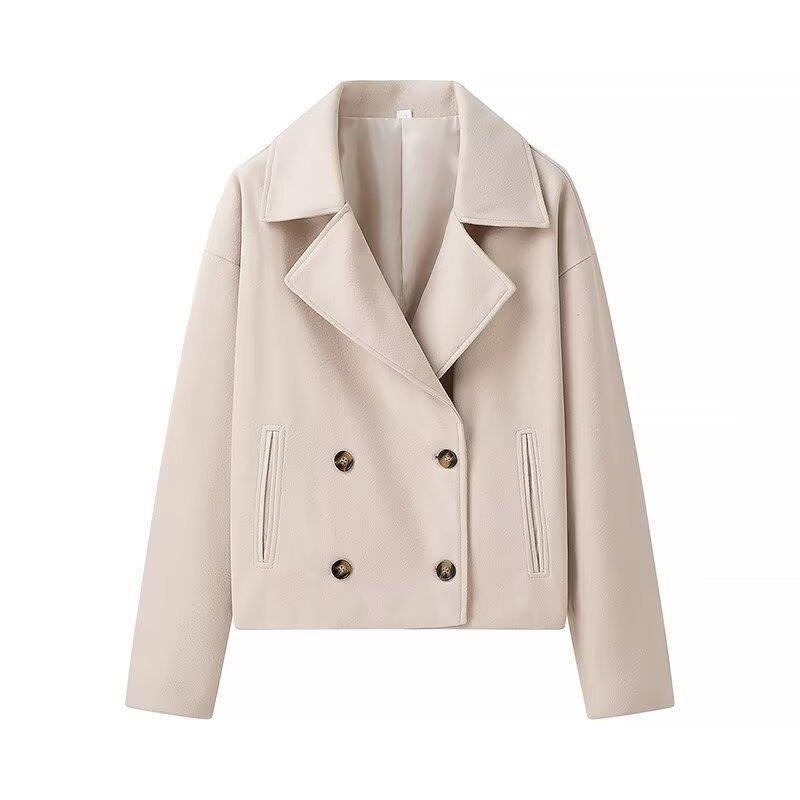 Women's Elegant Wool Jacket with Double-Breasted Button Placket and Modern Details