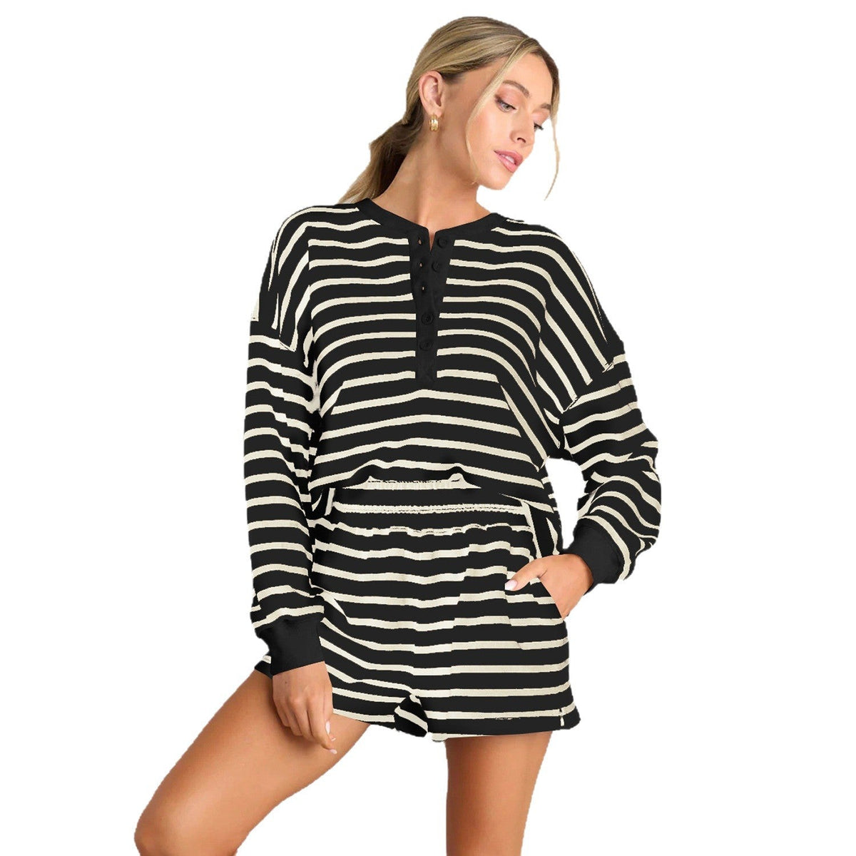 Women's Casual Striped Top and Shorts Sport-Look Set