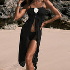 Women's Maxi Skirt with Side Slit and Floral Appliqué