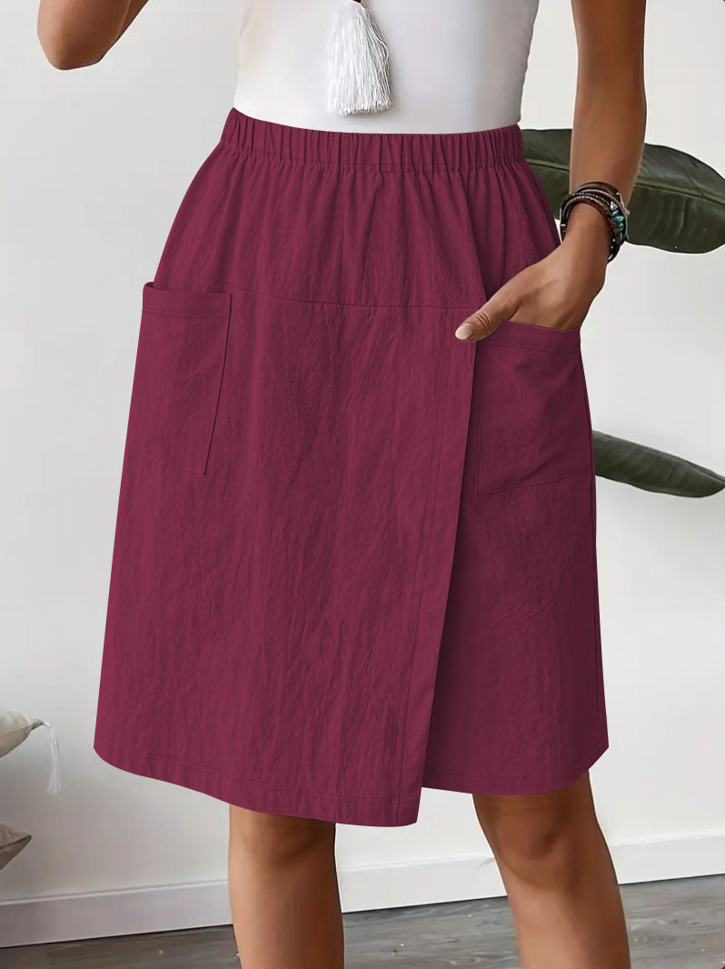 Women's Knee-Length Wrap Skirt with Elastic Waist and Pockets