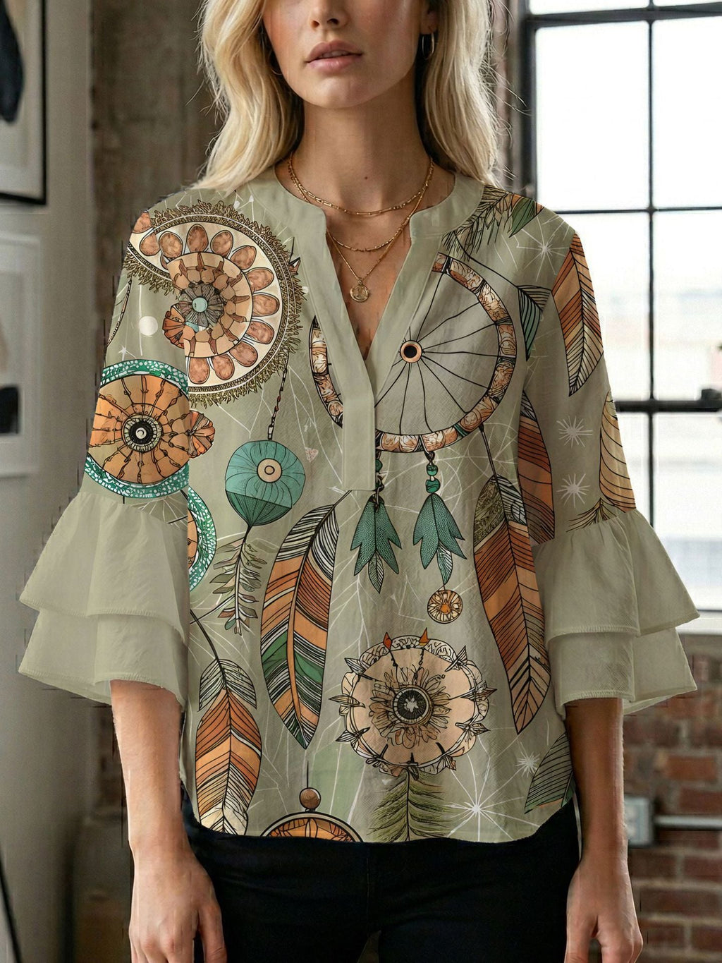 Women's Blouse Shirt with Voluminous Sleeves and Creative Print Design