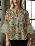 Women's Blouse Shirt with Voluminous Sleeves and Creative Print Design