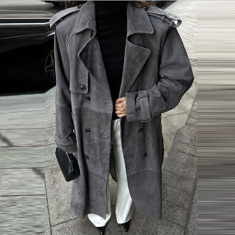 Women's Elegant Long Suede Trench Coat