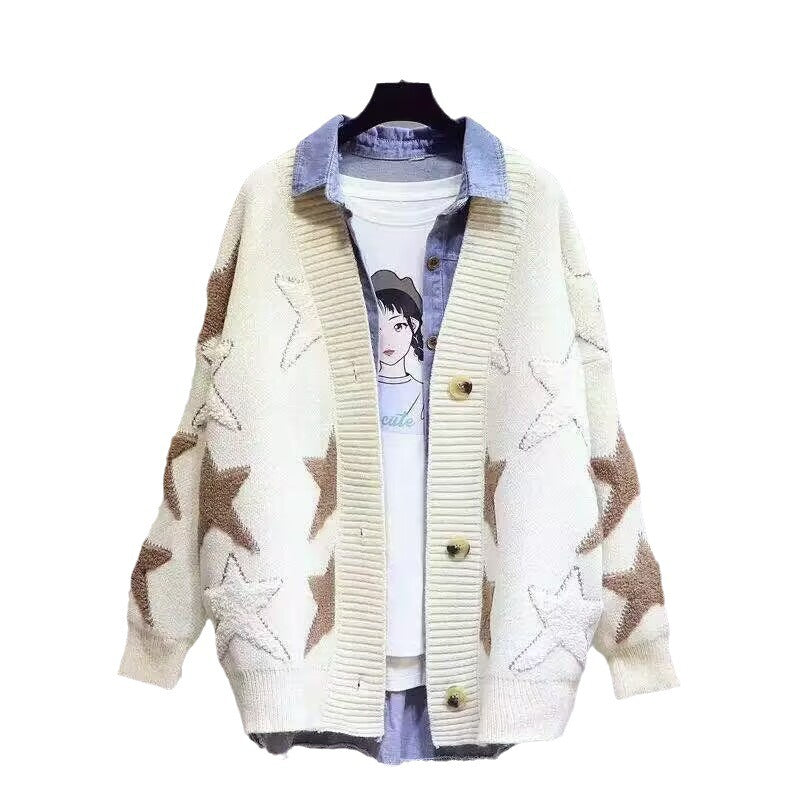 Women's Chunky Knit Cardigan with Star Pattern and Deep V-Neck
