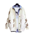 Women's Chunky Knit Cardigan with Star Pattern and Deep V-Neck